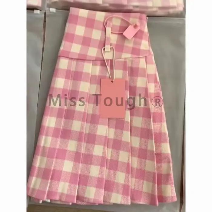 Jupe plissée à carreaux rose pour femmes