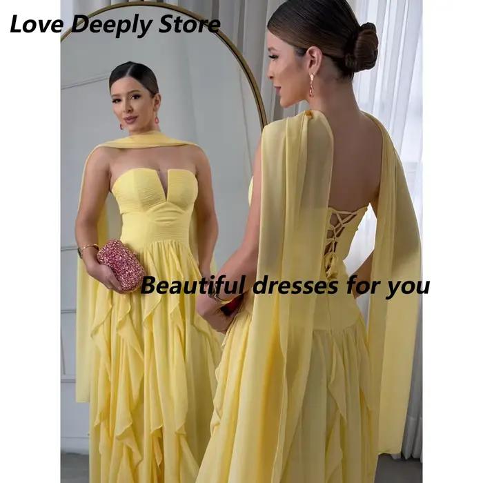 Robe de soirée jaune personnalisée, col cœur, en mousseline de soie, à volants, coupe trapèze, longueur ras du sol, robe de soirée formelle élégante pour bal de promo