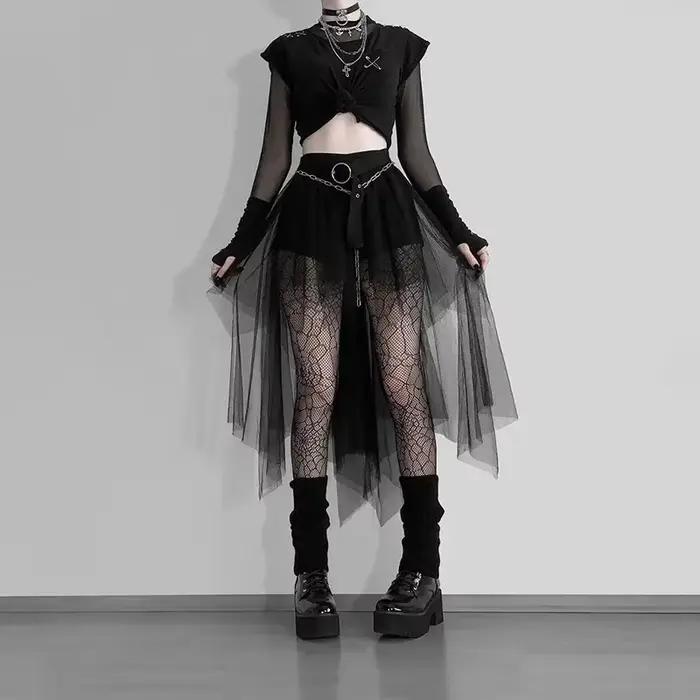 Jupes décontractées Punk Sexy Net fil taille haute jupe irrégulière pour les femmes été nouveau Style gothique européen et américain polyvalent
