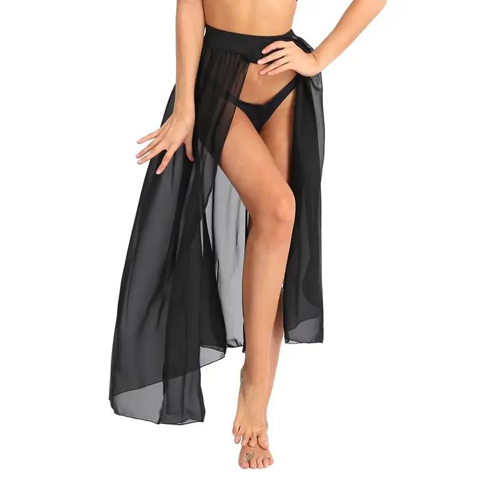 Femmes sexy pure voir à travers les jupes maxi en mousseline de soie haute fente fluide jupe longue transparente bikini couvrir bas piscine fête club
