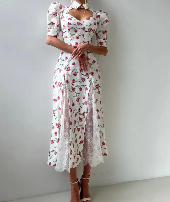 Robe longue en dentelle à imprimé élégant pour femmes, robe de soirée à manches courtes, taille haute, ajustée, pour le travail, robe longue pour femmes, polyester, coupe une ligne, décolleté polo, légèrement extensible ```
