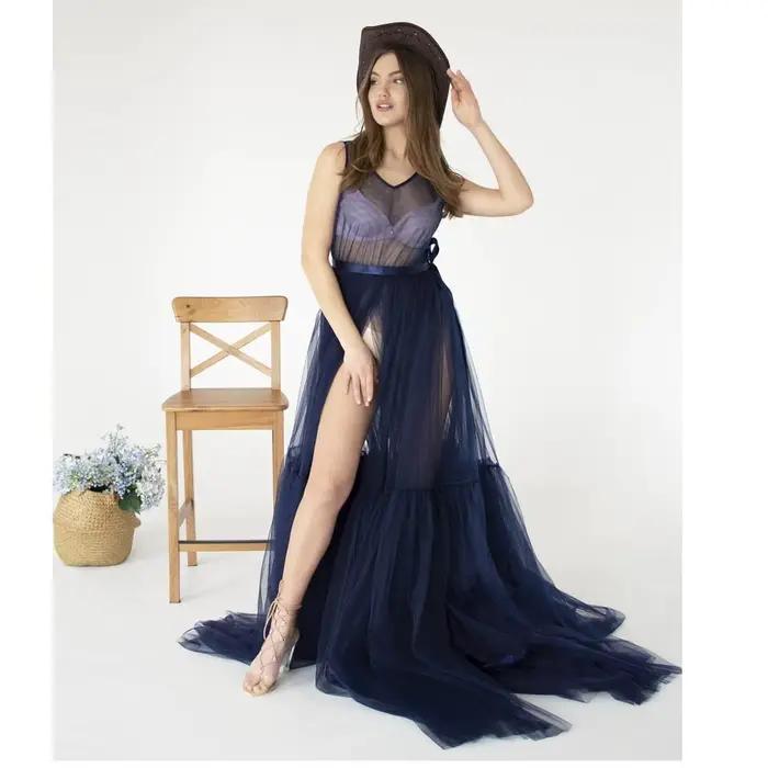 Jupe longue bleu marine sexy à fente haute