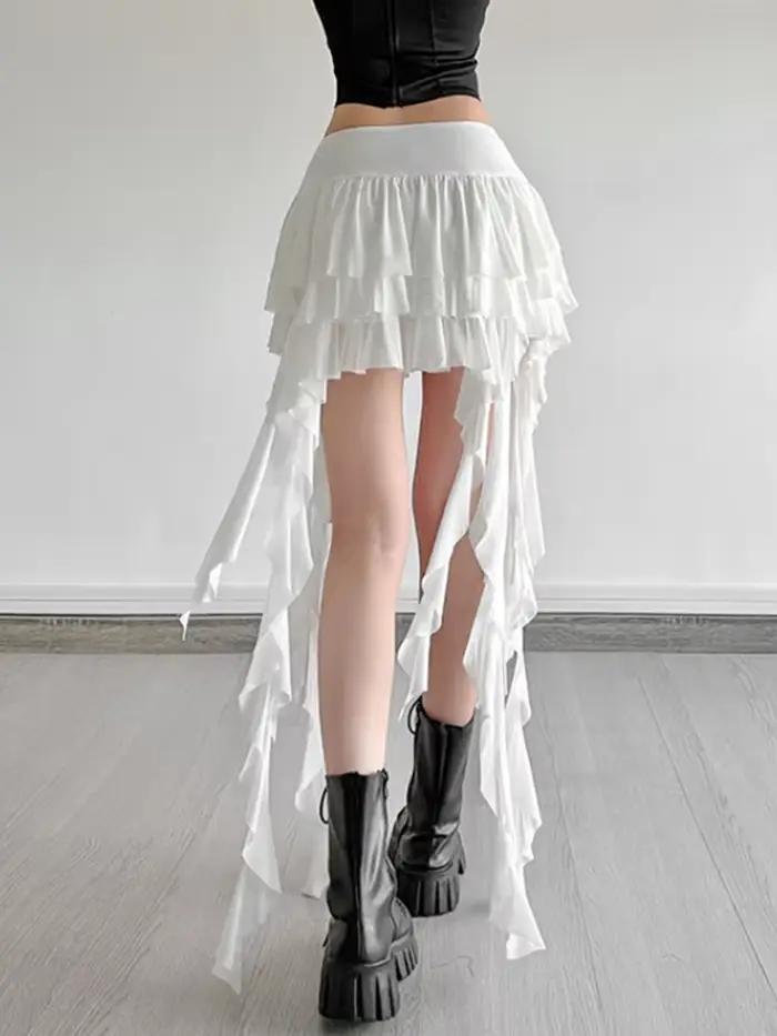 Aoaiiys jupes blanches femmes irrégulière à volants dentelle Mini jupe mode française taille haute a-ligne