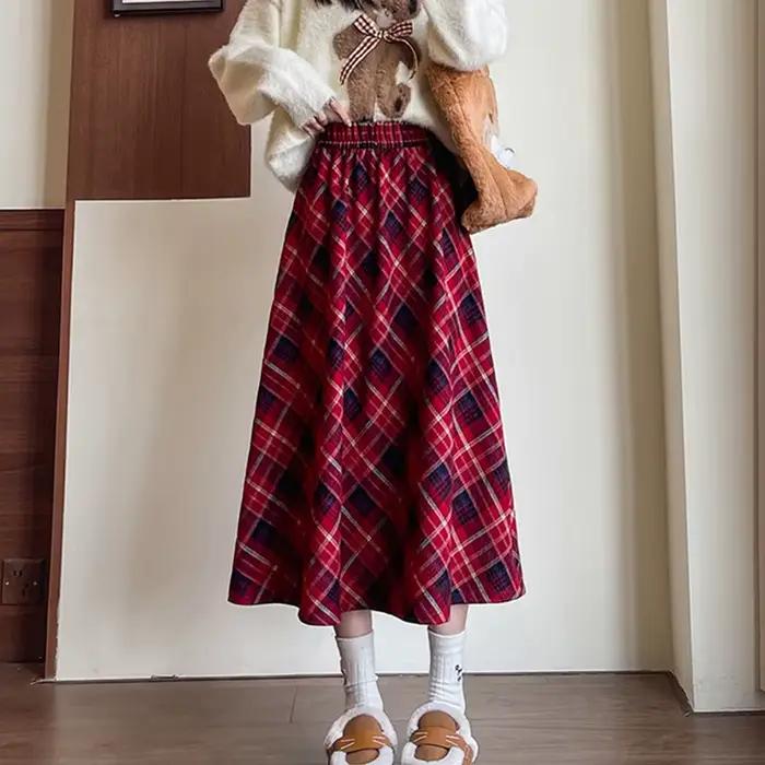 Jupe longue plissée pour femmes style preppy taille haute mi-longue texture coréenne streetwear jupe à carreaux automne hiver occassions spéciales