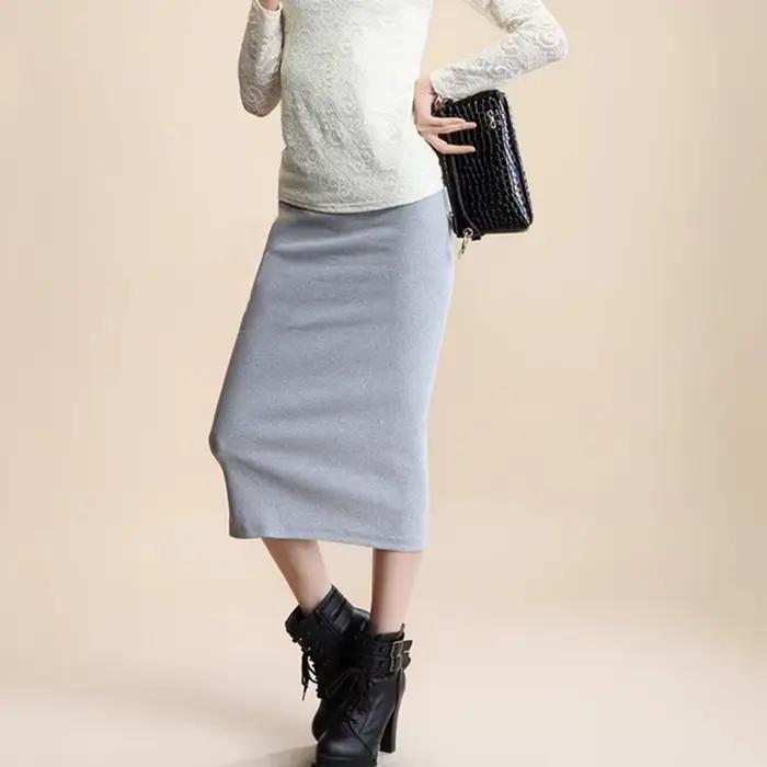Hiver femmes jupe taille haute Stretch crayon longue fente avant