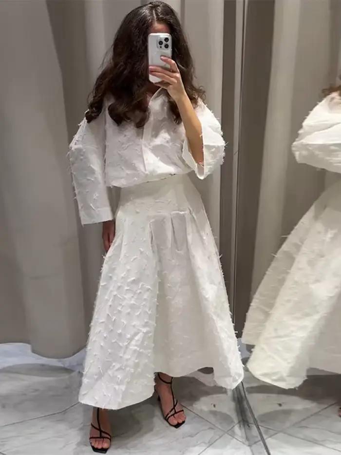 Élégant Franges Chemise Jupe Ensemble Femmes Demi Manches Revers Simple Boutonnage Chemises A-Ligne Jupes Longues Costume 2025 Été Dame Ensembles Moderne et Pratique Pour Femmes Occasions Spéciales