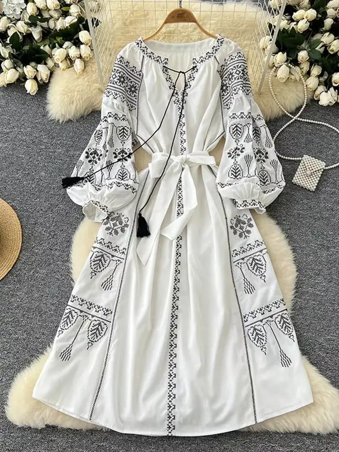 Robe Vintage de Style ethnique pour femmes, manches longues, Slim, ligne a, style Boho, en coton et lin, élégante, brodée, printemps automne