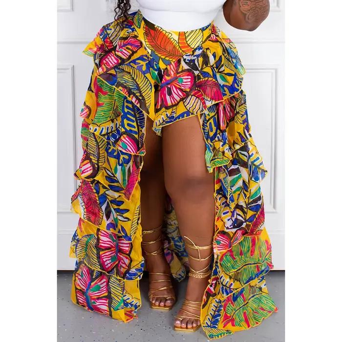 Jupe fendue Flycurvy tulle multicouche imprimé rétro ethnique pour femmes grandes tailles printemps été occasions spéciales