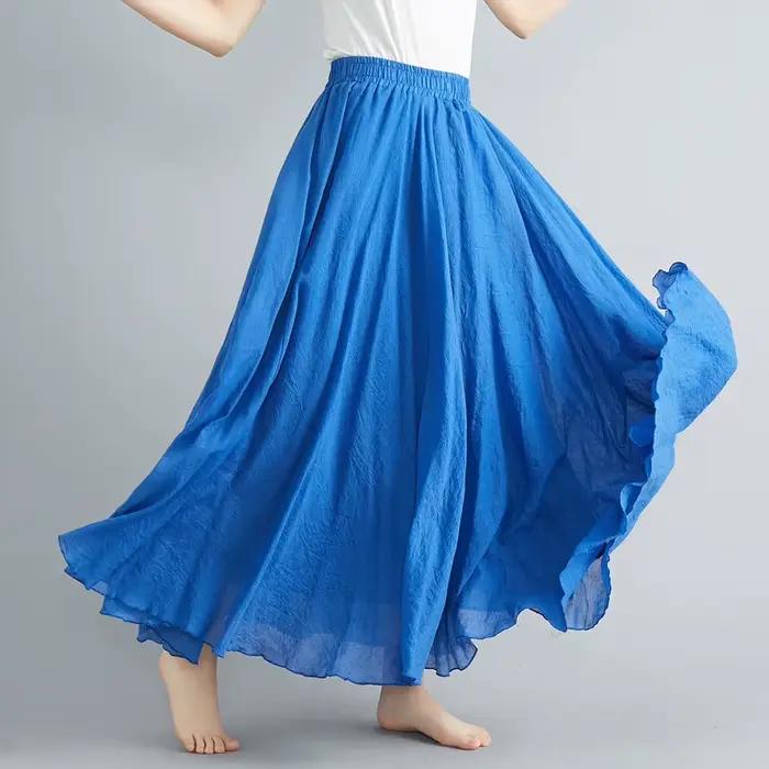 Jupe longue évasée en coton et lin de couleur unie pour femme