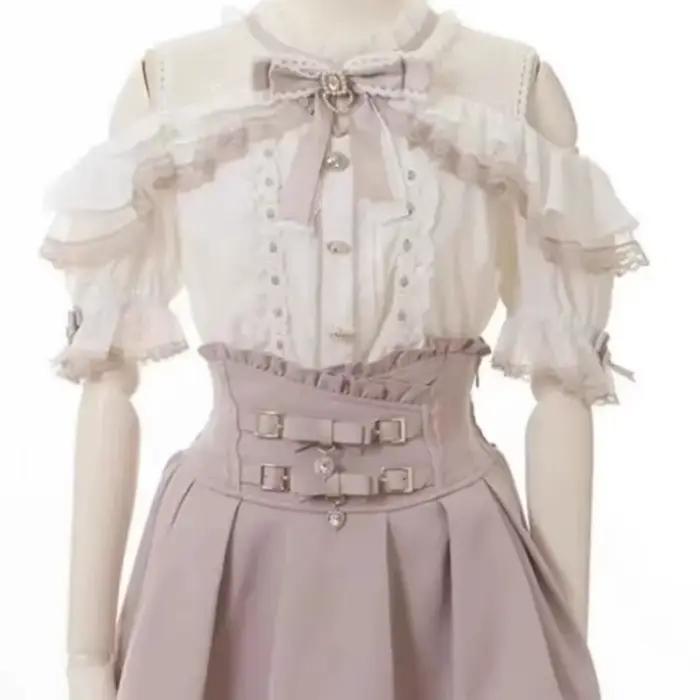 Jirai Kei Sweet Lolita Skort 2024 été-Double nœud papillon taille haute jupe courte avec boucle en cuir coupe ajustée