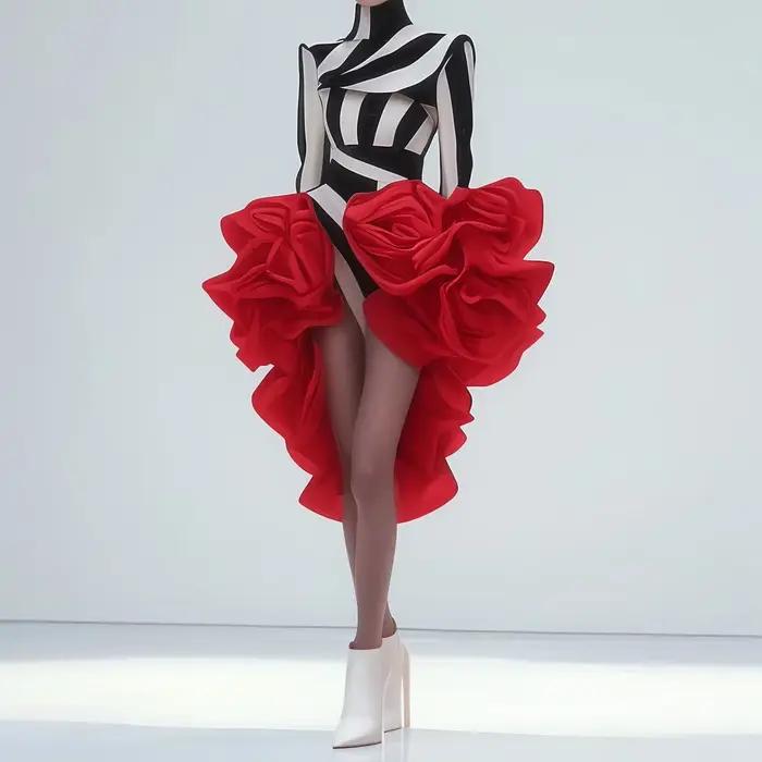 Haute couture Style Floral jupes à plusieurs niveaux jupe femme rouge