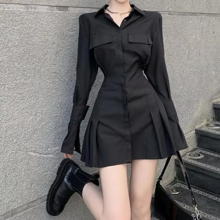 HOUZHOU Robe chemise noire femmes élégant Vintage robes à manches longues Sexy gothique plissé Streetwear col rabattu Robe décontractée