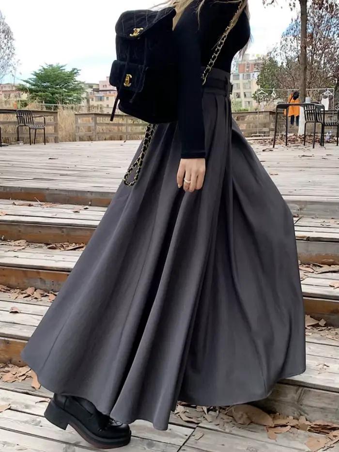 Qiukichonson gris Midi jupes longues femmes Maxi jupe 2023 automne hiver costume
