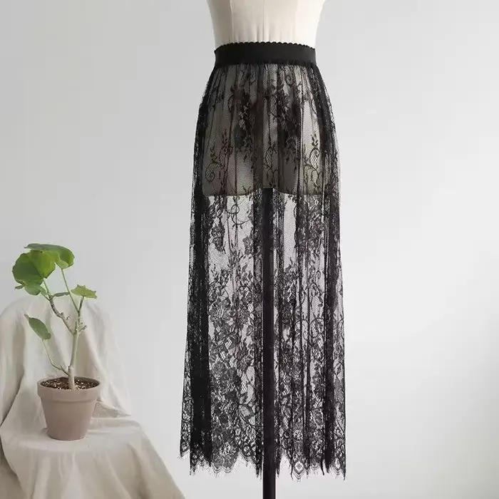 Transparent Sexy dentelle maille jupe élastique taille haute noir blanc Tulle Mini jupes femmes