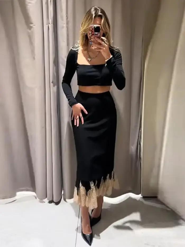 Jupe mi-longue noire pour femmes
