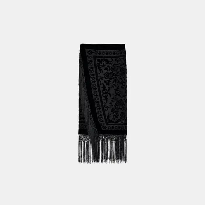Jupe midi rétro élégante en velours noir brocart avec franges