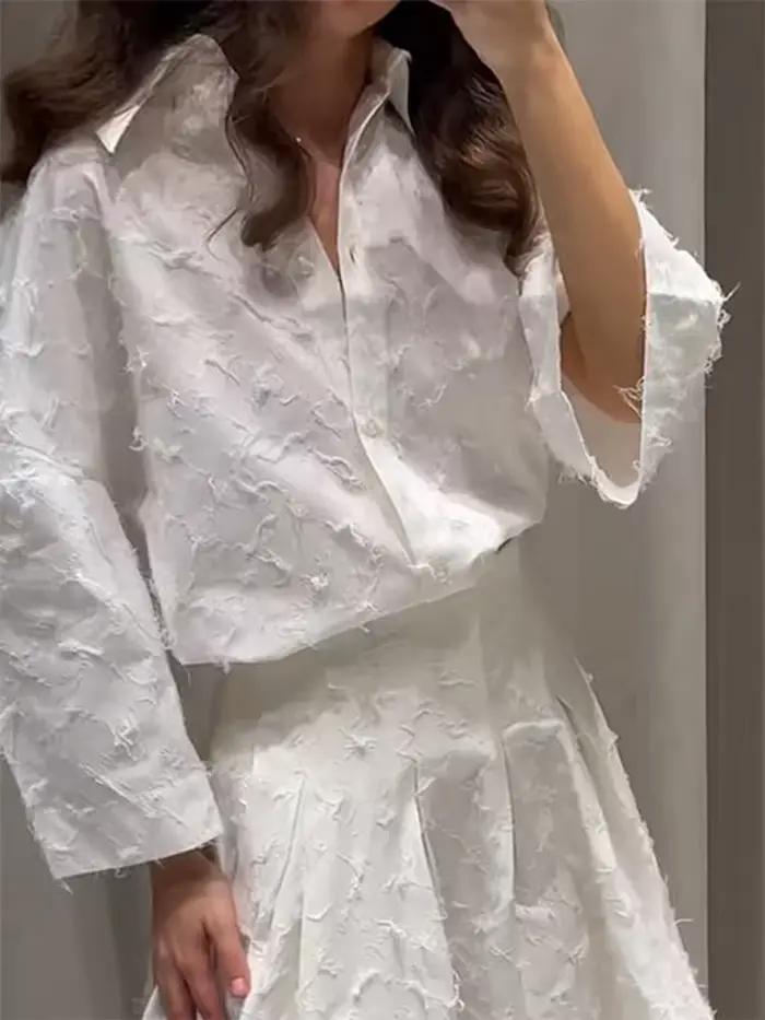 Élégant Franges Chemise Jupe Ensemble Femmes Demi Manches Revers Simple Boutonnage Chemises A-Ligne Jupes Longues Costume 2025 Été Dame Ensembles Moderne et Pratique Pour Femmes Occasions Spéciales