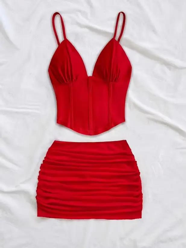 Ensemble jupe pour femme nouveauté été bretelles spaghetti col en V coupe ajustée mini-jupe sexy ensemble deux pièces tenues pour femmes plage occasions spéciales