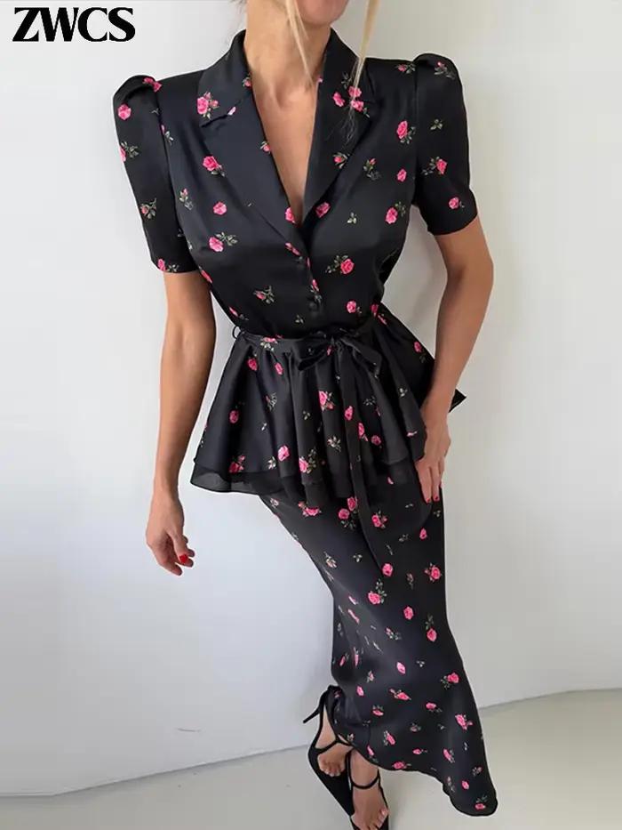 Ensemble de jupes pour femmes à imprimé floral et volants, hauts élégants à col en V et manches courtes avec lacet à la taille, jupe longue ajustée, nouvelles tenues 2026 pour soirées officielles