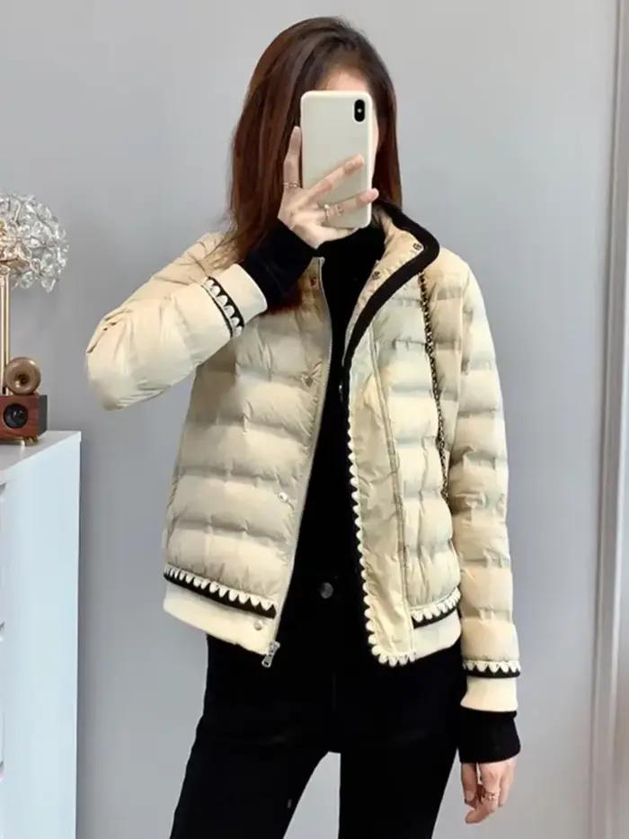 Manteau en duvet de canard blanc pour femme, veste en dentelle avec fermeture éclair, parka de neige chaude, vêtements d'extérieur européens, hiver, 90