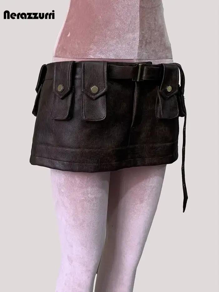 Mini jupe en cuir Pu marron pour femmes