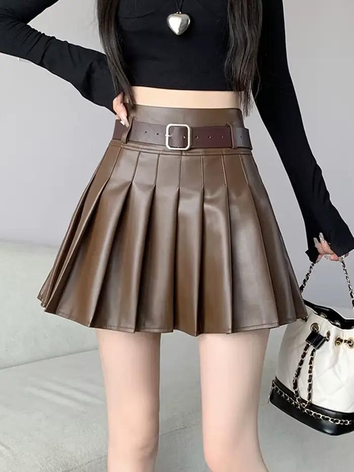 Mini Jupe Trapèze Plissée en Cuir pour Femme
