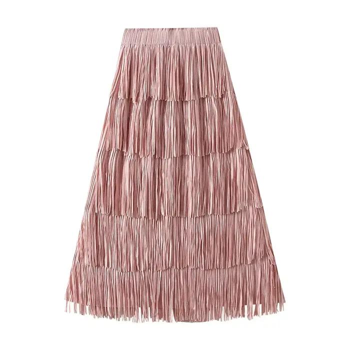 Jupe plissée haut de gamme à franges et patchwork pour femme