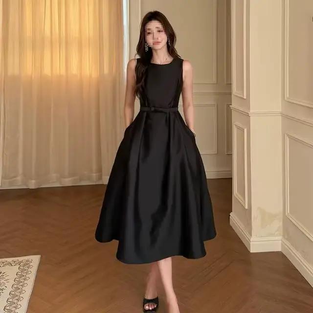Robe sans manches à taille cintrée style français design sensationnel robe de soirée bouffante pour anniversaire en tissu tricoté mi-long style rétro artistique occassions spéciales femmes elegance vintage