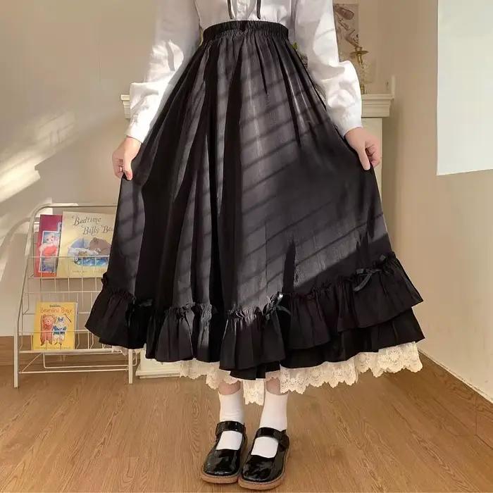 Jupe femme Vintage français élégant à volants Double couche demi-jupe Lolita jupes longues femmes mode 2023 a-ligne