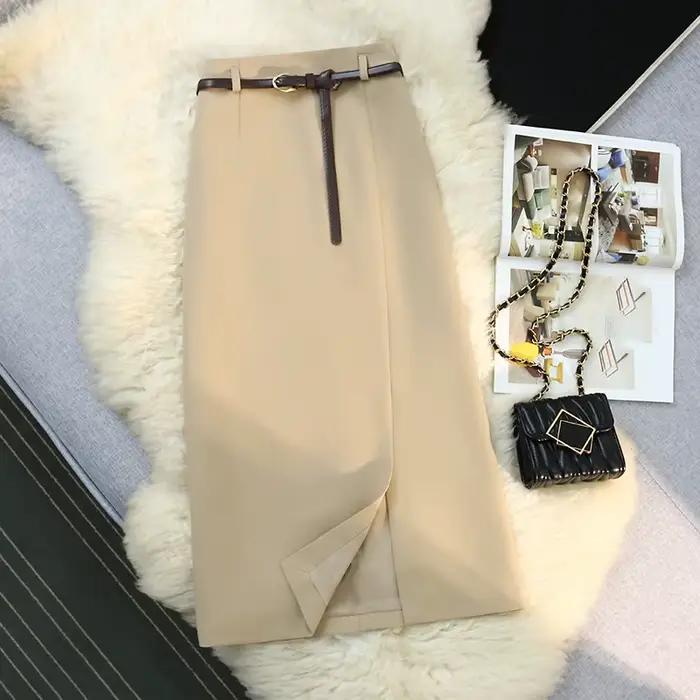 Jupes mi-longues pour femmes vintage, couleur unie, fendue sur le devant, taille haute, polyesters-coton, nouvelles collections printemps été 2024, bureau, ligne a