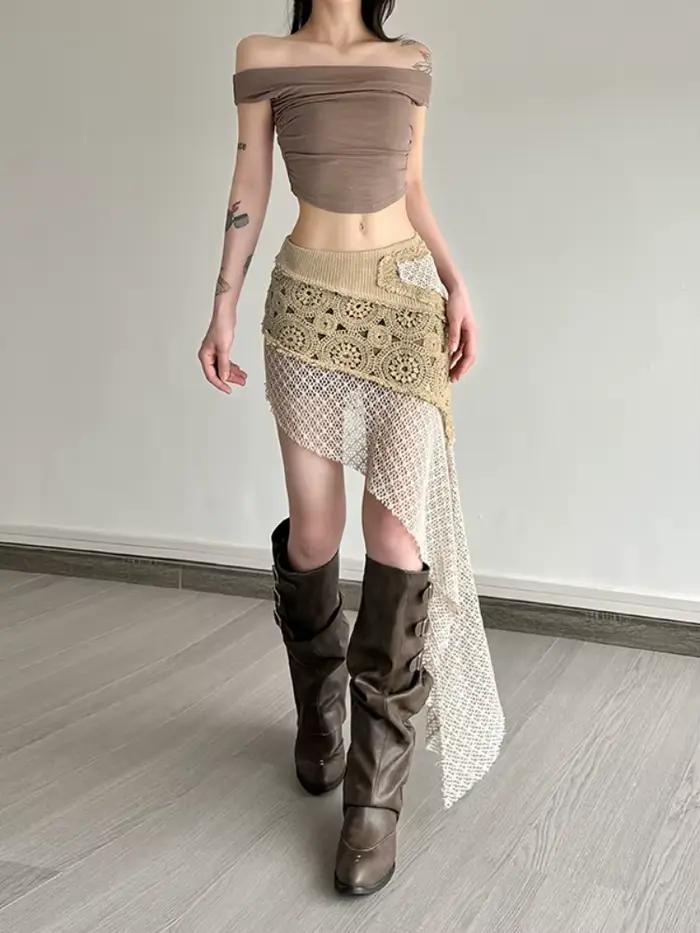 Mini jupe asymétrique Y2K en polyester stretch pour femmes, idéale pour les sorties nocturnes et les soirées estivales