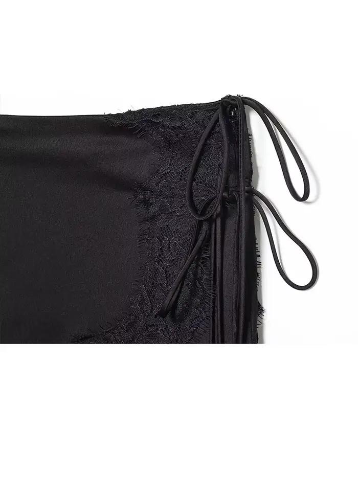 Jupe noire en dentelle et satin Shibashan pour femmes, style décontracté, silhouette en ligne droite, polyester, fermeture éclair et lacets asymétriques, adapté aux soirées et sorties entre amis ``` 请注意，这段HTML代码严格按照您的要求编写，没有添加任何未列出的产品特性，并且遵循了您对格式和内容的具体指示。