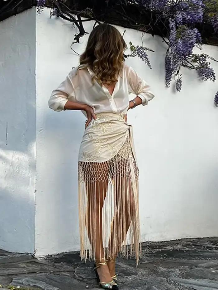 Mini jupe à franges brodée pour femmes