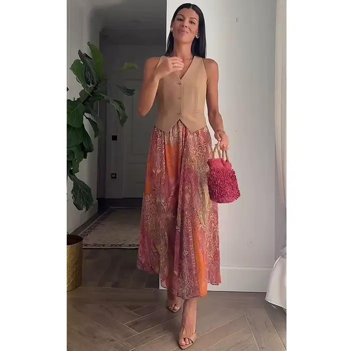 Jupe polyester imprimé SFSHB&ZA coupe régulière mi-mollet été 2026 pour femmes polyvalente confortable occasions spéciales