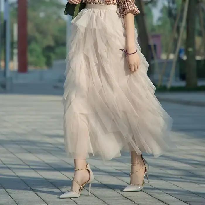Tutu Tulle longue Maxi jupe femmes mode coréenne mignon rose taille haute