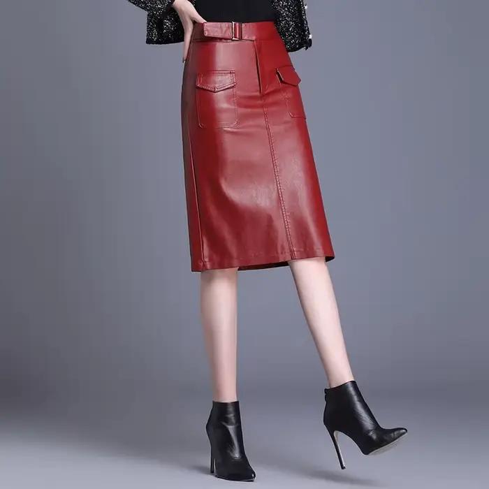 ZUZK femmes genou longueur PU jupe en cuir printemps automne couleur unie décontracté jupes droites