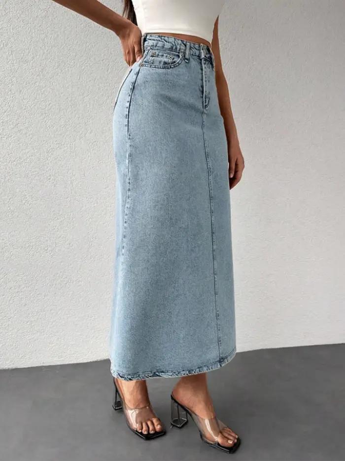 Jupe midi en jean mi-longue pour femme