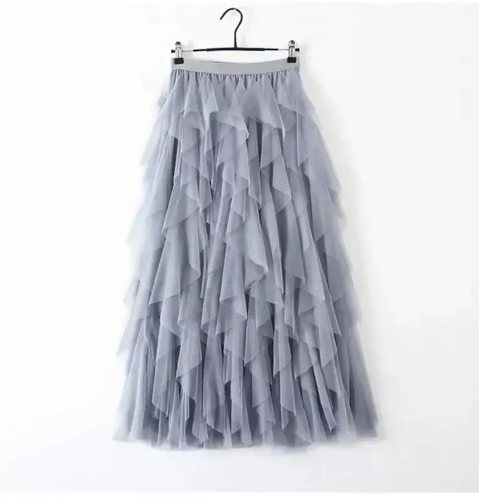 Jupe longue plissée évasée en tulle et gaze à taille haute élastique pour femme