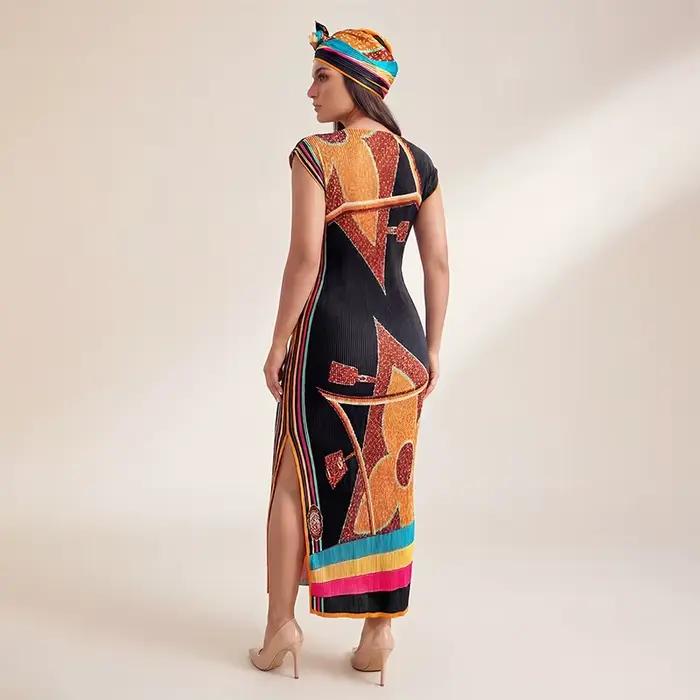 Robe longue africaine avec écharpe, style streetwear, motif géométrique, polyester, sans manches, longueur cheville, décolleté rond, adaptable pour femmes occasions spéciales