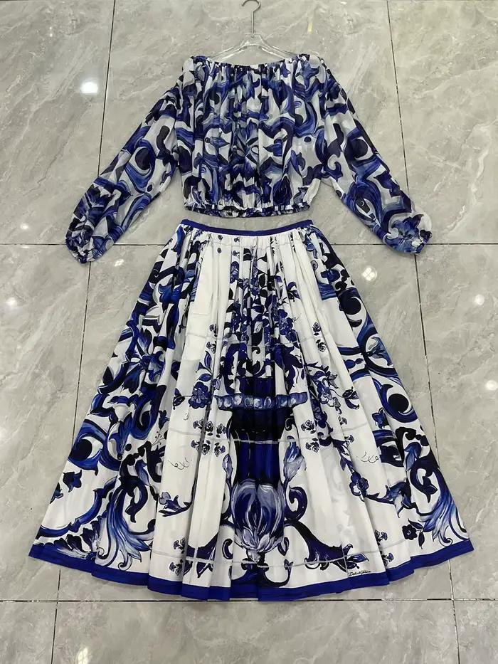 Boho 2 pièces ensemble femmes été 2025 bleu porcelaine imprimé haut et coton jupe Maxi concepteur plage vacances tenue