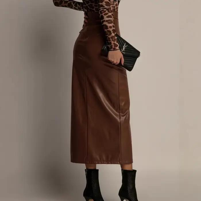 Jupe mi-longue en cuir Pu pour femmes