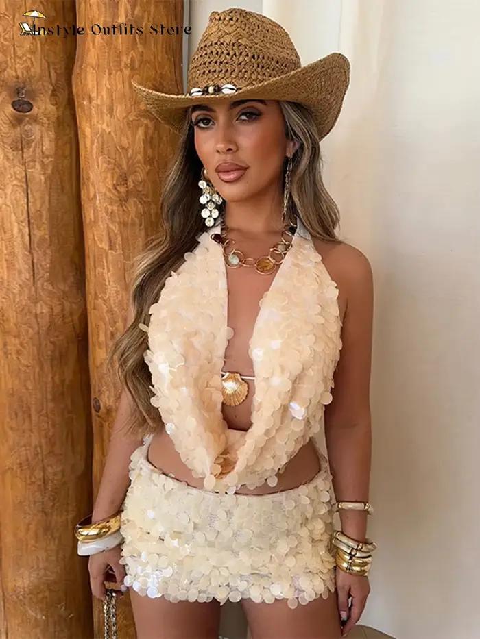 Mini jupe à paillettes pour femmes, ensemble de vacances d'été, col bénitier, col licou, haut court, dos nu, au-dessus du genou, ensembles de plage blancs