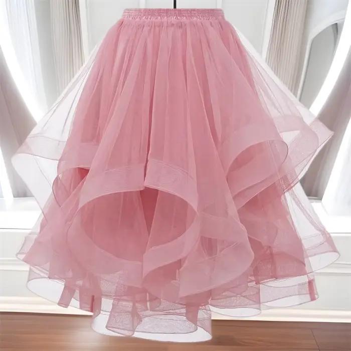 Mode Tulle jupe printemps été femmes irrégulière mi-longue maille a-ligne