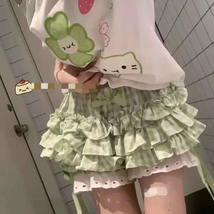 Jupe et Short à Carreaux Verts Femme Style Kawaii Polyvalent Occasions Estivales Japonais Mince Taille Élastique