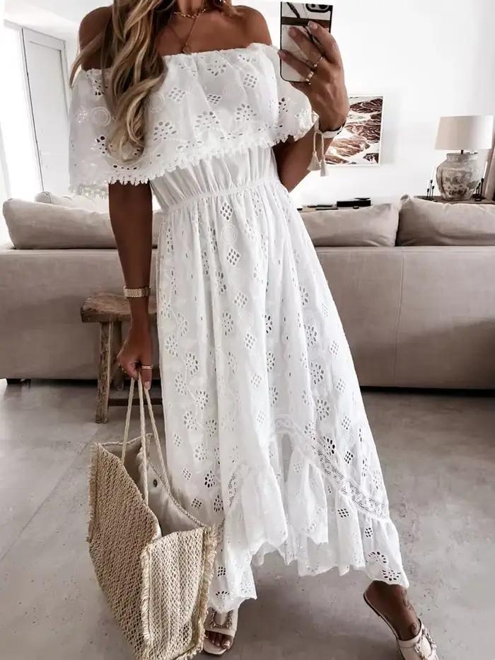 Robe longue en dentelle blanche style bohème pour femmes