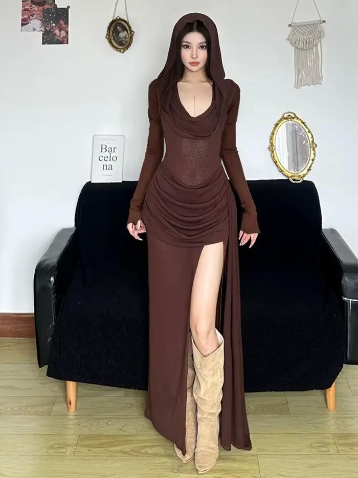 Robe longue à capuche pour femmes, vêtement grunge, couleur brun, style streetwear, silhouette asymétrique, haut de qualité, pour soirées et concerts