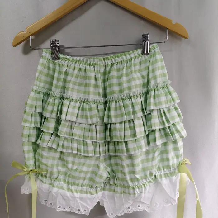 Jupe et Short à Carreaux Verts Femme Style Kawaii Polyvalent Occasions Estivales Japonais Mince Taille Élastique