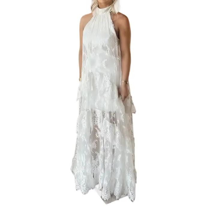 Robe longue chic style occidental 2026 pour femme, col en dentelle blanche, sans manches, col roulé, design superposé, Y2K Vestidos
