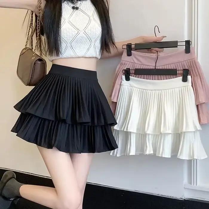 Jupe plissée double couche unie pour femme