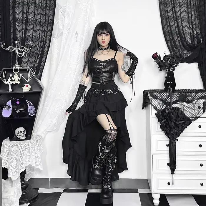 Jupe gothique Kawaii noir à plusieurs niveaux avec ourlet irrégulier pour femmes mode traînant années 90 rétro gothique alternative